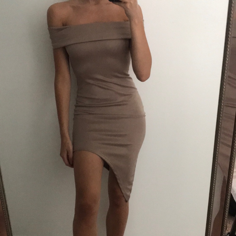 Asymmetrical Beige Off the Shoulder Bodycon Dress